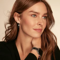 Silver<LAGOS Ceramic And Diamond Hoop Earrings