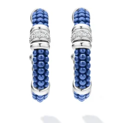 Silver<LAGOS Ceramic And Diamond Hoop Earrings