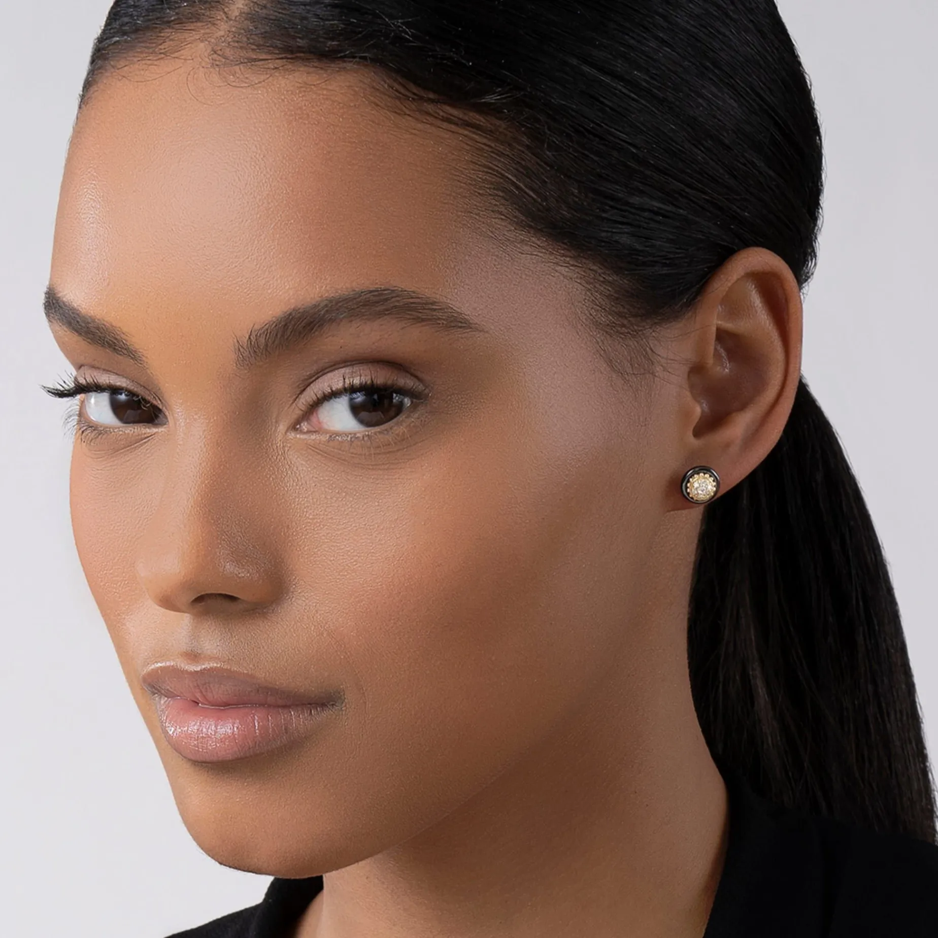 Gold<LAGOS 18K Gold And Black Ceramic Diamond Stud Earrings