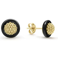 Gold<LAGOS 18K Gold Caviar And Black Ceramic Stud Earrings