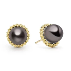 Two-Tone<LAGOS 18K Gold Tahitian Black Pearl Stud Earrings