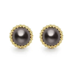 Two-Tone<LAGOS 18K Gold Tahitian Black Pearl Stud Earrings