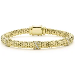 Gold<LAGOS 18K Gold Three Station X Diamond Caviar Bracelet | 6Mm
