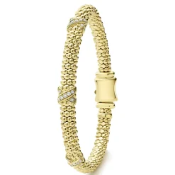 Gold<LAGOS 18K Gold Three Station X Diamond Caviar Bracelet | 6Mm
