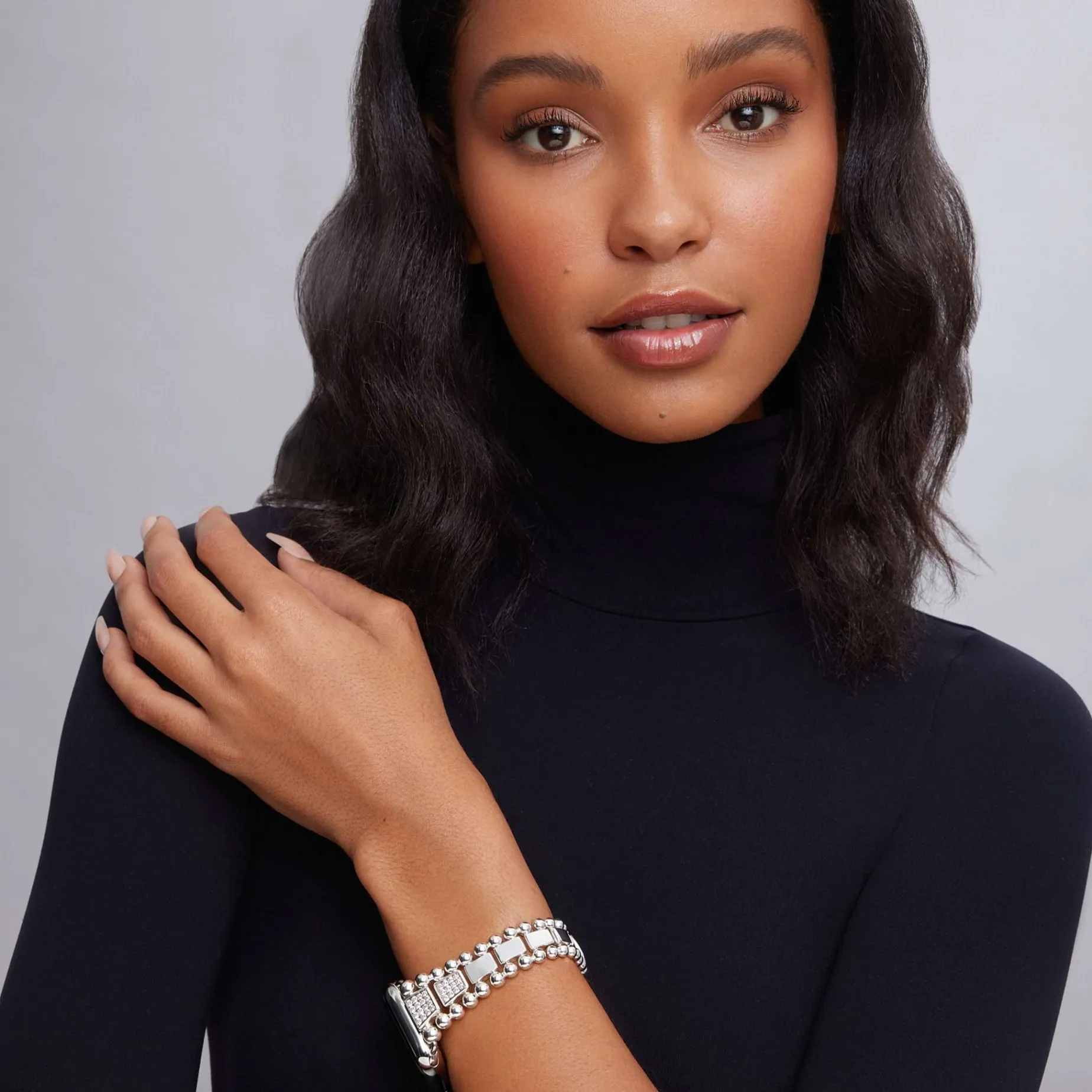 Silver<LAGOS Sterling Silver Half Diamond Watch Bracelet-42-49Mm