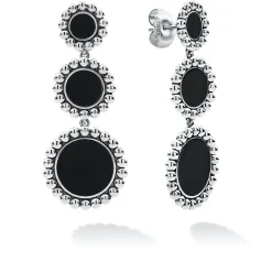 Silver<LAGOS Three Onyx Circle Drop Earrings