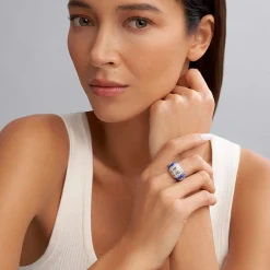 Silver<LAGOS Three Station Ceramic Caviar Diamond Ring