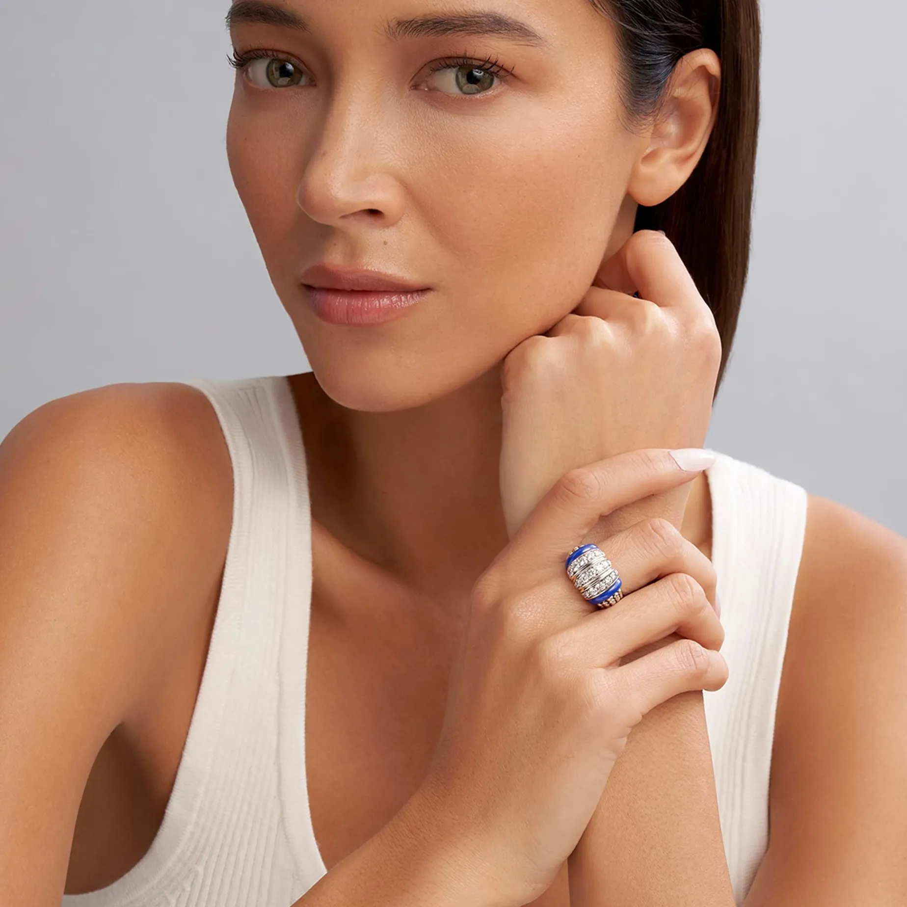 Silver<LAGOS Three Station Ceramic Caviar Diamond Ring