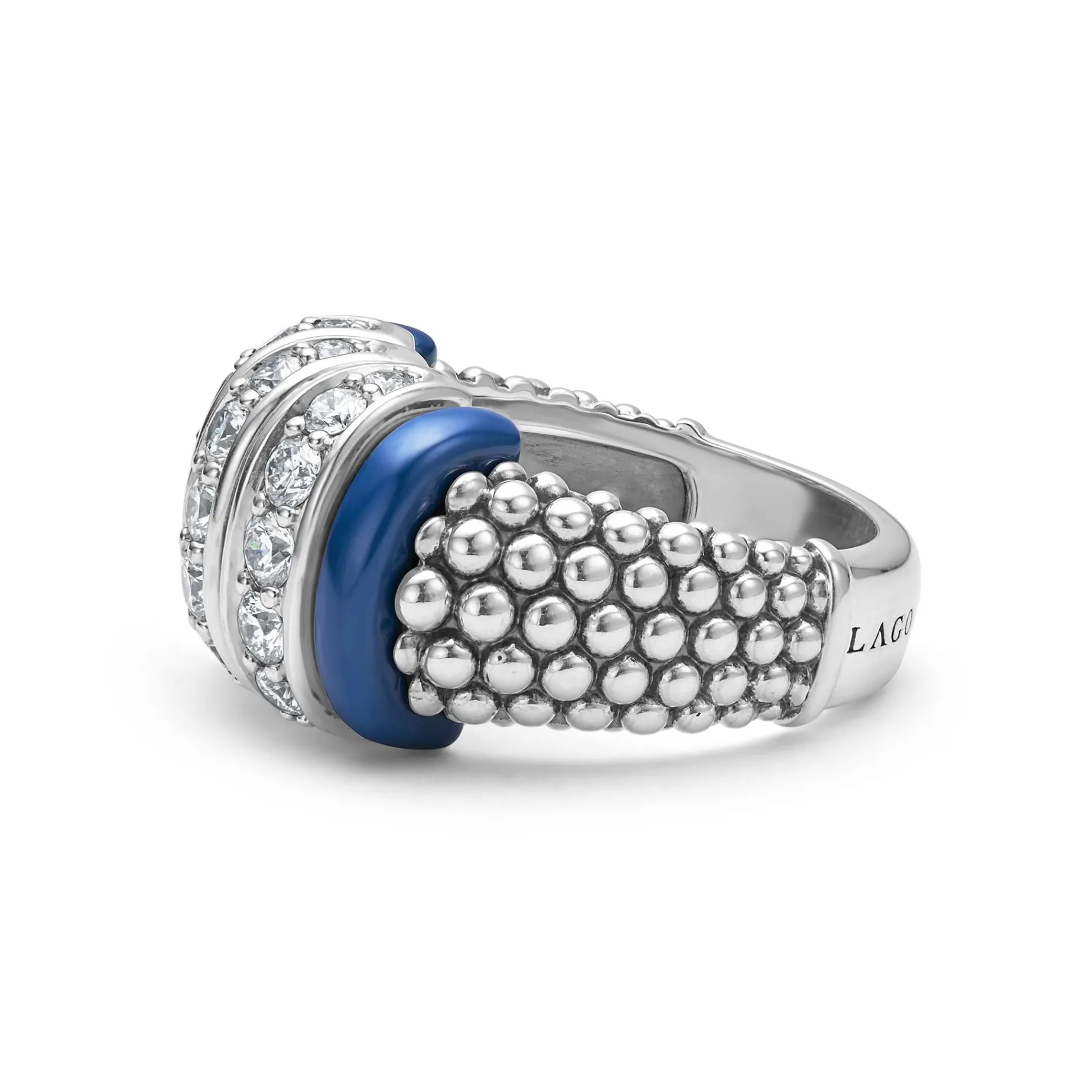 Silver<LAGOS Three Station Ceramic Caviar Diamond Ring