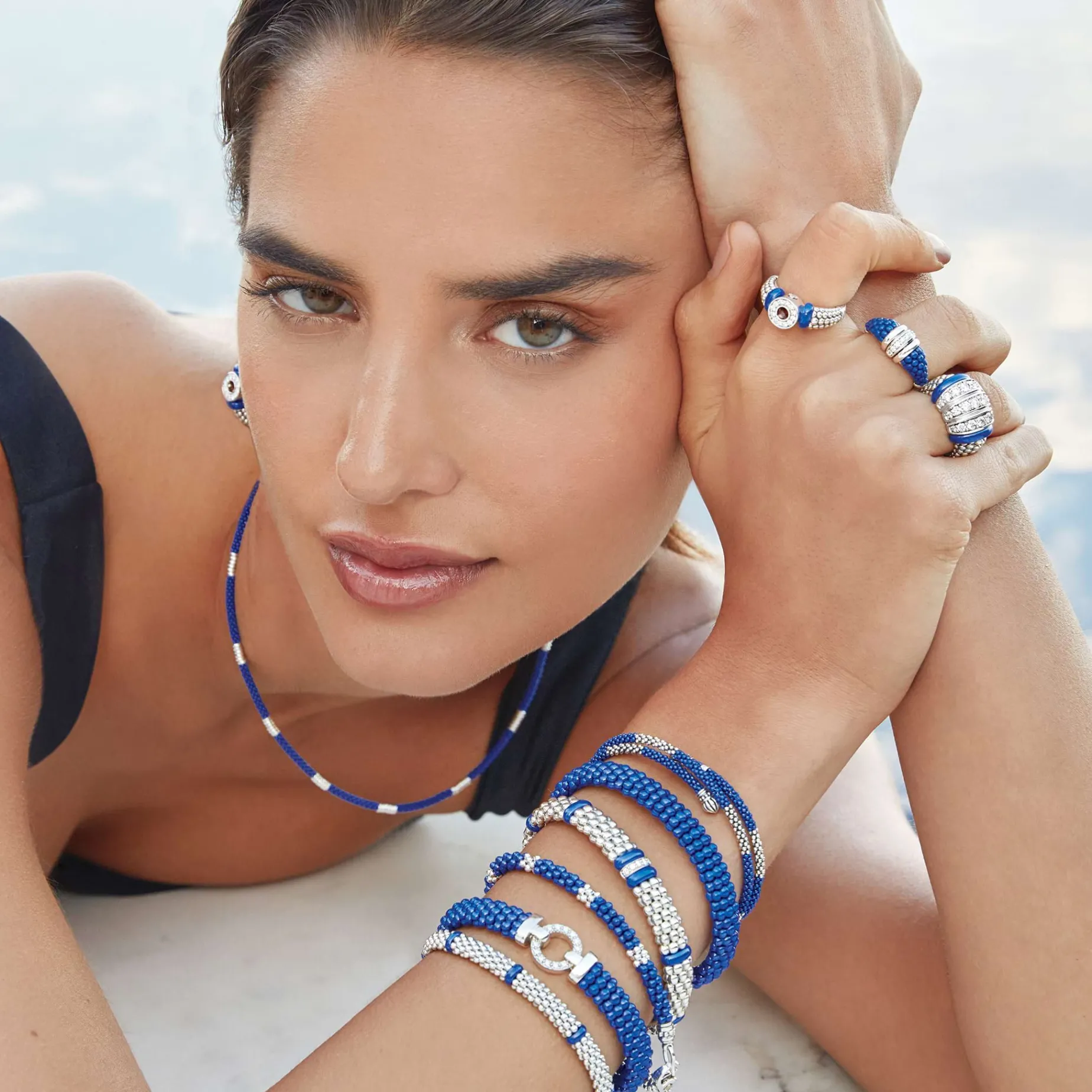 Silver<LAGOS Three Station Ceramic Caviar Diamond Ring