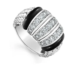 Silver<LAGOS Three Station Ceramic Caviar Diamond Ring