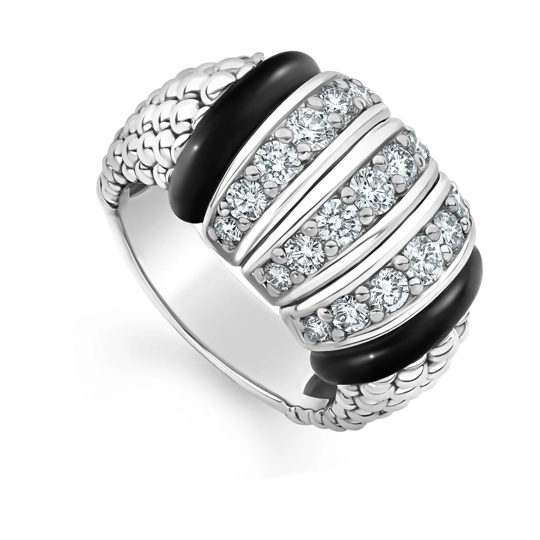 Silver<LAGOS Three Station Ceramic Caviar Diamond Ring