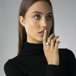 Silver<LAGOS Three Station Ceramic Caviar Diamond Ring