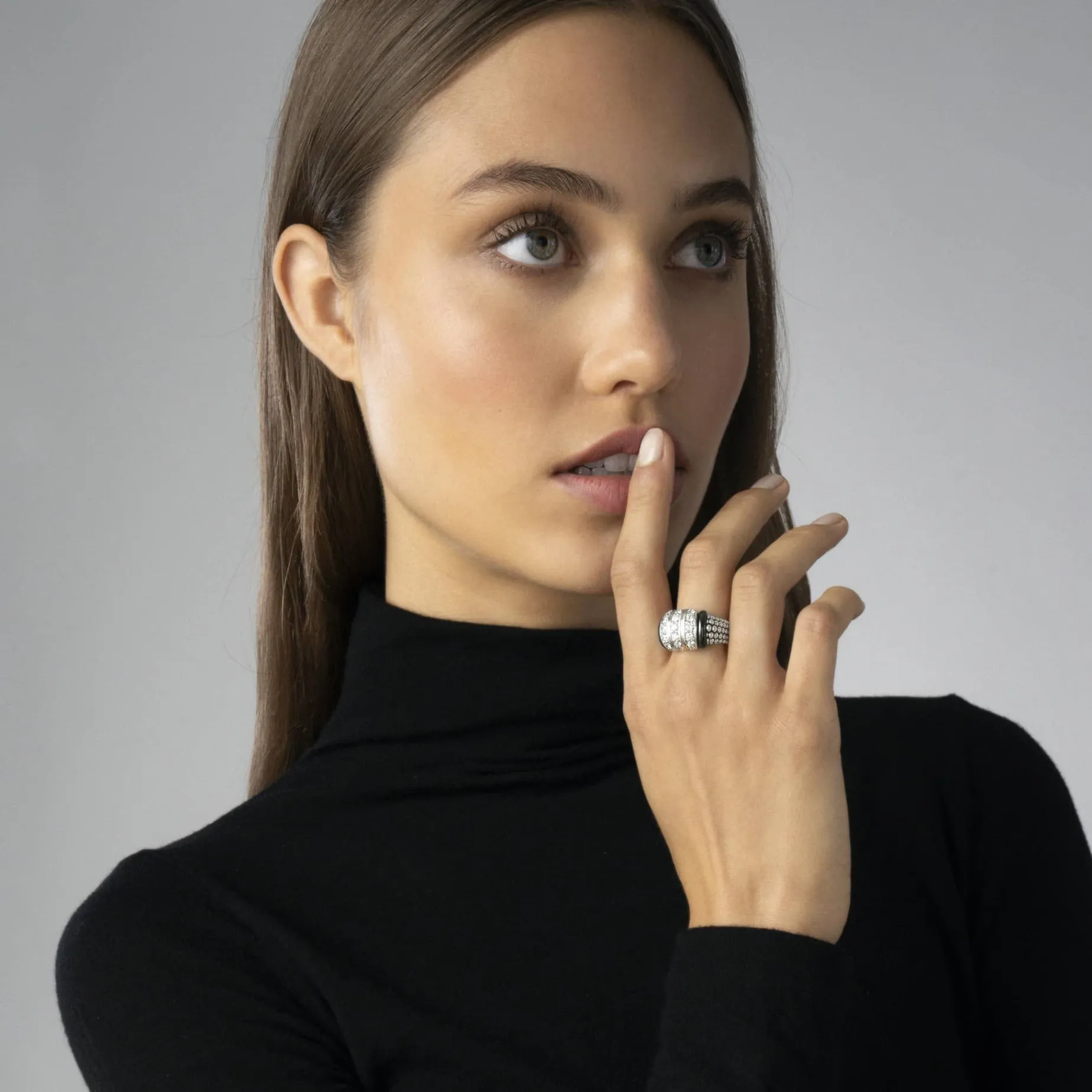 Silver<LAGOS Three Station Ceramic Caviar Diamond Ring