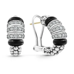 Silver<LAGOS Three Station Ceramic Diamond Hoop Earrings