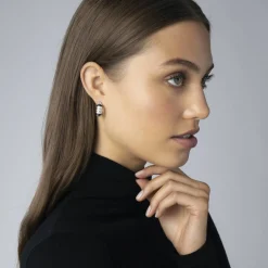 Silver<LAGOS Three Station Ceramic Diamond Hoop Earrings