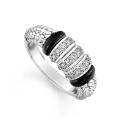 Silver<LAGOS Three Station Diamond Ceramic Caviar Ring