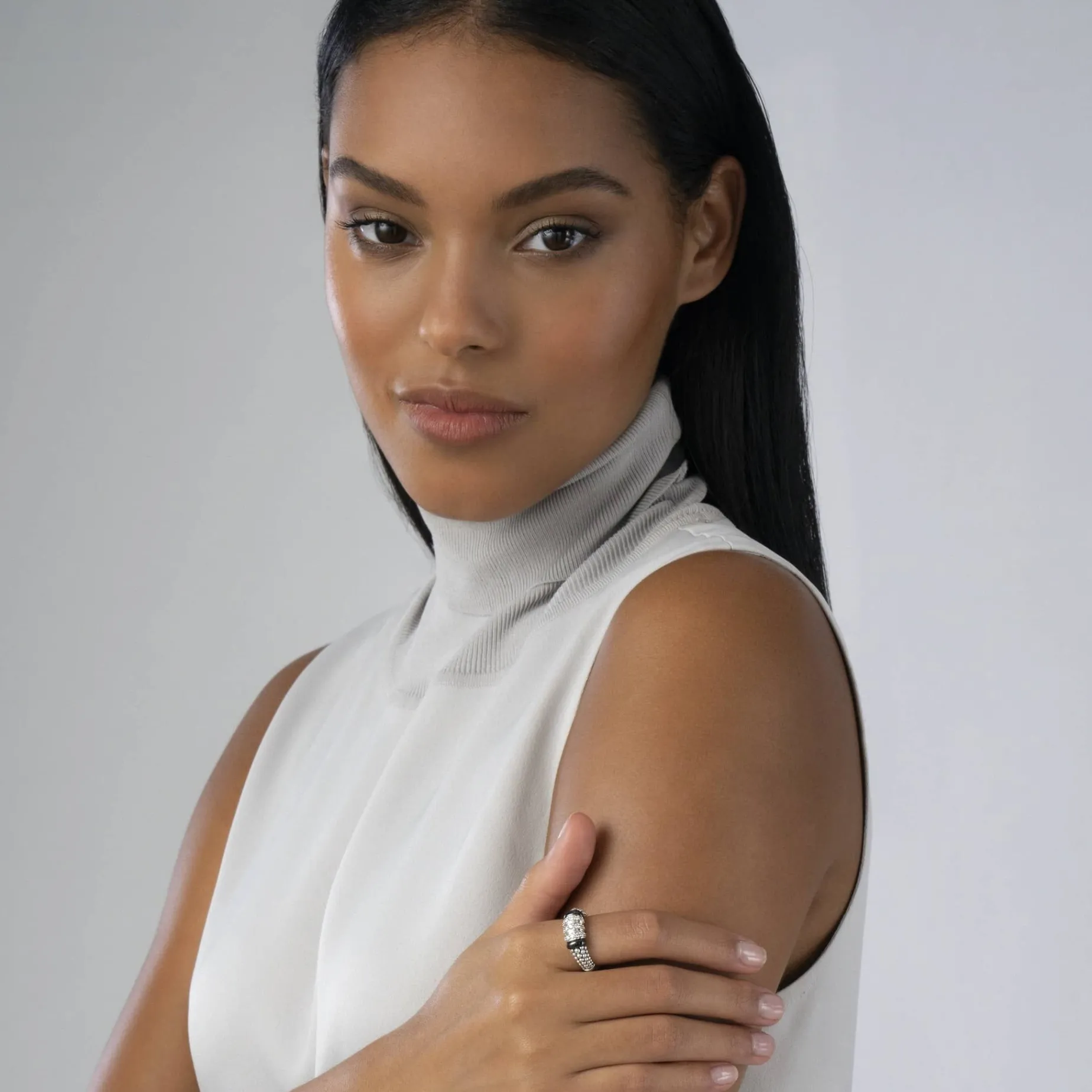 Silver<LAGOS Three Station Diamond Ceramic Caviar Ring