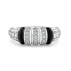 Silver<LAGOS Three Station Diamond Ceramic Caviar Ring