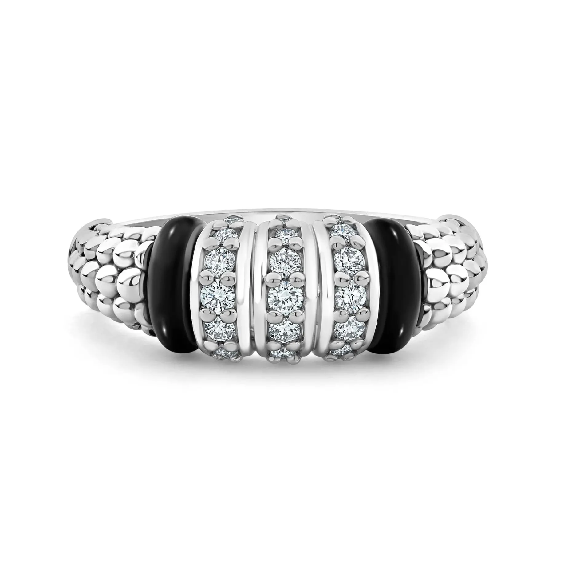 Silver<LAGOS Three Station Diamond Ceramic Caviar Ring