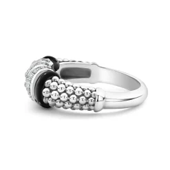 Silver<LAGOS Three Station Diamond Ceramic Caviar Ring