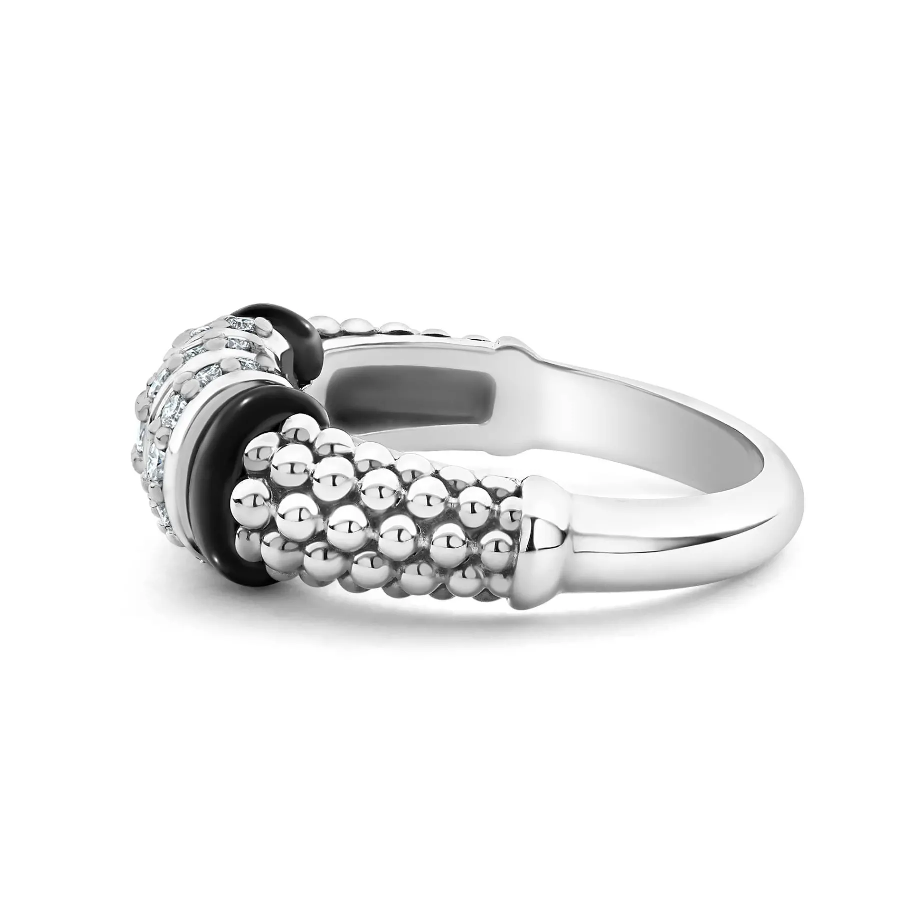 Silver<LAGOS Three Station Diamond Ceramic Caviar Ring