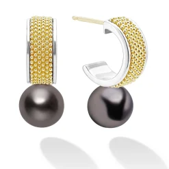 Two-Tone<LAGOS Two-Tone Tahitian Black Pearl Hoop Earrings